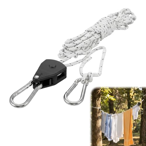 Retractable Travel Clothesline, 13FT Adjustable Heavy Duty Clothes Line Outdoors with Stainless Steel Carabiners & Pulleys Portable Clotheslines for Camping Backyard Balcony Travel (White)