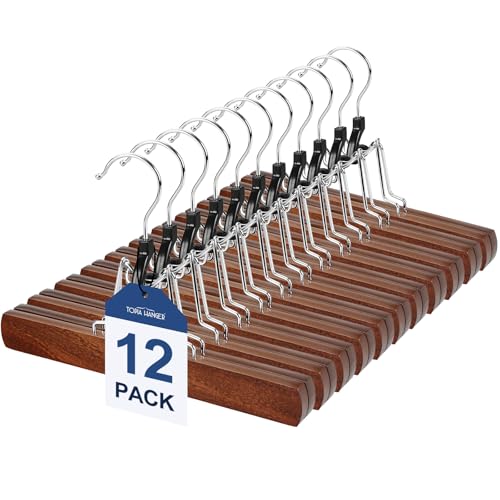 TOPIA HANGER 12 Pack Wooden Pants Hangers, Hair Extension Hangers Non Slip Skirt Hanger Wood Clamp with Velvet Padded 360° Swivel Hook for Jeans, Skirts, Trousers, Wigs CT67WA - color: Walnut, size: 12 Pack