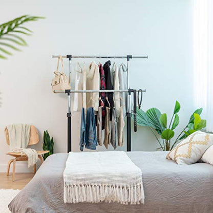 IRIS USA Portable Double-Rod Height Adjustable Clothes Rack with Extendable Bar and Lockable Wheels, Rolling Garment, Double Rod Wardrobe Rack, Easy Assemble, for Clothes, Belts, Shoes, and Bags - style: Double Extendable-Width Rods