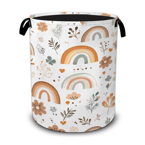 Rainbow Flowers Laundry Basket,Boho Large Collapsible Portable Round Laundry Hamper with Handles,Oxford Storage Bin for Clothes,Blankets,Bedroom,Bathroom - color: Rainbow Flowers Boho