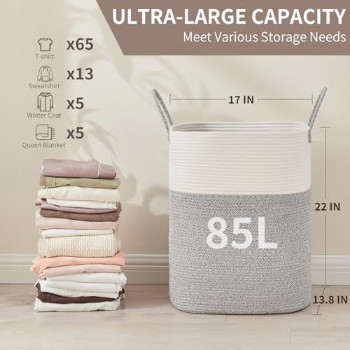 AINUOQI Laundry Basket with Handles - Blanket Basket & Hampers for Bedroom Aesthetic, Laundry Hamper & Blanket Storage for Living Room, Clothes Hamper, Tall,Large 21.7" x 16.9" x 11.8”, Light Grey - color: Light Grey, size: 85L