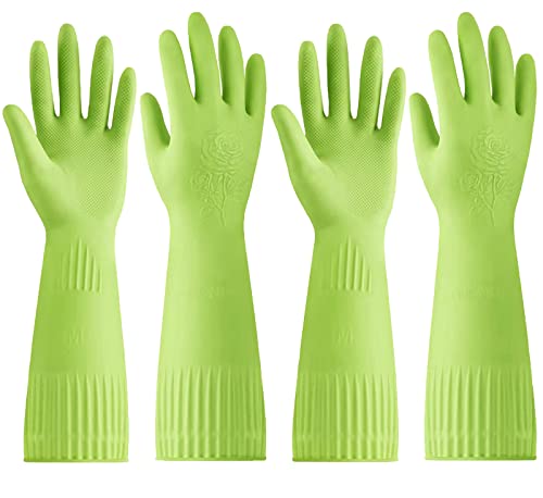 Disfore Rubber-Gloves Dishwashing Gloves for Cleaning-Kitchen - 2 Pairs Long Household Cleaning Gloves for Washing Dishes - color: Green, size: Medium (Pack of 2)