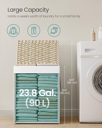 SONGMICS Laundry Hamper with Lid, 23.8 Gal (90 L) Synthetic Rattan,Foldable - color: Summer Sand, size: 90 L