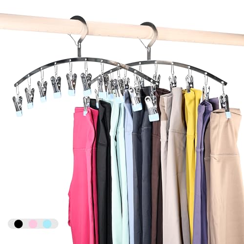 Legging Organizer for Closet,2 Pack Drying Rack with 20 Clips,Metal Yoga Pants Hangers,Windproof Clothes Hangers for Socks,Bras,Baby Clothes,Underwear-Space Saving,Indoor Outdoor Use (Blue) - color: Blue