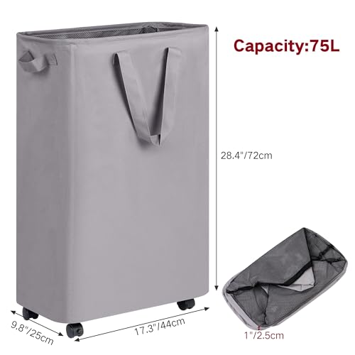 efluky Slim Laundry Hamper with Wheels, Rolling Laundry Basket for Clothes, Small Laundry Basket for Bedroom, Dorm and Laundry Room, 75L (19.8 Gallons) Grey - color: Grey, size: 75L