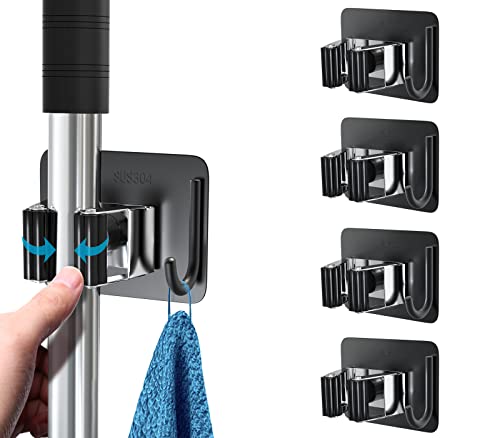 homeasy Broom Holder Wall Mount 4Pcs, Self Adhesive Mop Broom Hanger - color: Black Mix