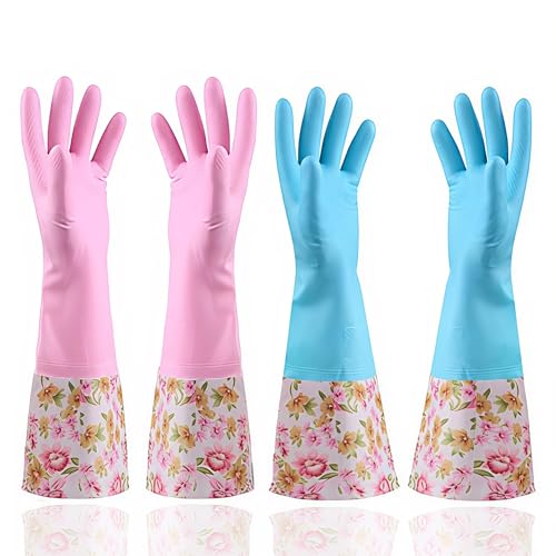 KINGFINGER PVC Latex-Free Long Dishwashing Gloves for Household Cleaning, Waterproof, 2-Pair Large with Long Cuff & Flock Lining - size: Large (Pack of 2)