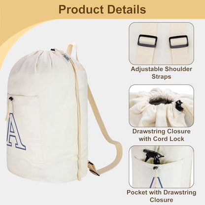 Laundry Bag Backpack Personalized Initial Design Canvas Laundry Bag with Straps & Drawstring Closure Dirty Cloth Hamper Bag for College, Travel, Laundromat, Camping (Letter A) - color: Letter A, size: X-Large