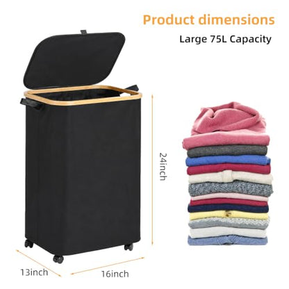 Slim Laundry Hamper with Wheels 75L with Removable Wash Bag Black - color: Black, size: 75L