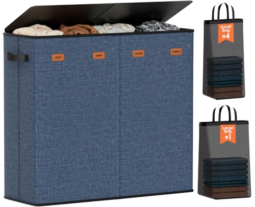 Laundry Hamper 4-Section with Lid, 185L Laundry Sorter with 4 Removable Bags + 1 Extra Large Bag, Switchable 3/4 Compartment, Laundry Basket Organizer for Bedroom, Laundry Room，Navy Bule - color: Navy Bule, size: 48.86 Gal - 4 Section