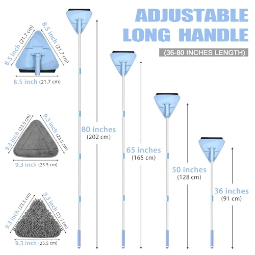 NEWE Wall Washer Mop with 80 Inch Long Handle, Wall and Ceiling Cleaner, 180° Folding Wall Scrubber with Long Handle, Triangle Baseboard Scrubber, 4 Chenille Duster & 2 Microfiber Pads - color: Chambray Blue
