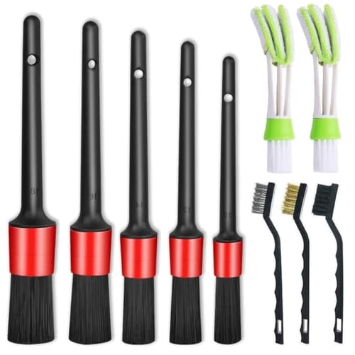 Nurkul 11Pcs Auto Detailing Set, Boar Hair Brushes, Steel Wire & A/C Brushes, Red, Soft Bristles, Wood Handles for Cleaning Interior, Exterior, Leather, 6 Sizes