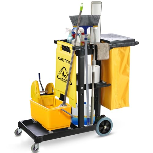 Cleaning Cart, Janitorial Cart, Cleaning Caddy with Wheels, Janitor, 440 Lb - color: Black