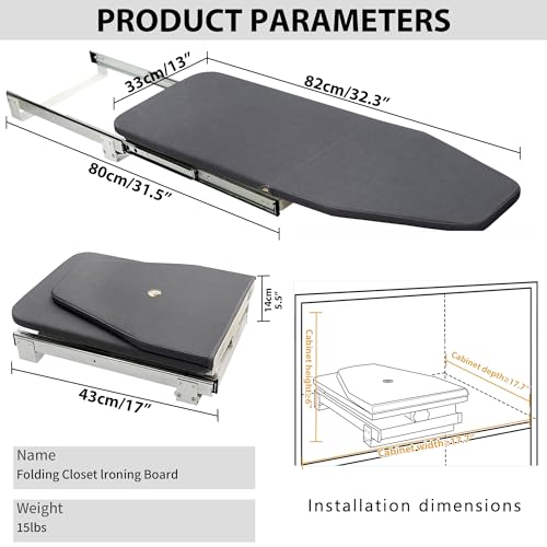 AKOZLIN Retractable Pull Out Ironing Board Closet Sliding Out Swivel Iron Board Mounted in Drawer with Heat Resistant Ironing Cover, Board Size: 31.88"*13", Gray