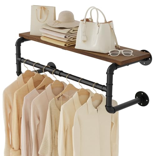 Yawinhe Industrial Pipe Clothes Rack with Top Shelf, Wall Mounted Garment Rack, Space Saving Hanger with 4 Bases, for Shops, Homes (28x10.23x10.23in) - size: 28x10.23x10.23in