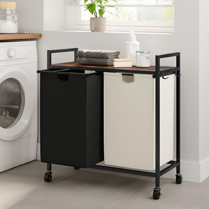 WOWLIVE Double Laundry Hamper with Wheels, Rolling Laundry Basket Organizer - color: Black and Beige, size: 110l (30.0 x 13 x 32 Inches)