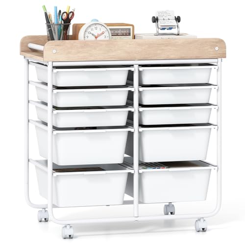 Giantex Rolling Storage Cart with 10 Drawers, Utility Cart w/Wooden Tabletop, Handle, Lockable Wheels, Multipurpose Organizer for Art Craft Scrapbooks Paper, Drawer Carts for Dorm School Office, White - color: White, size: 10 Drawer-25.5"x14.5"x26.5"