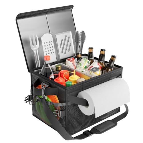 FANGSUN Grill Caddy with Lid, Foldable BBQ Caddy with Paper Towel Holder - style: Black-with lid