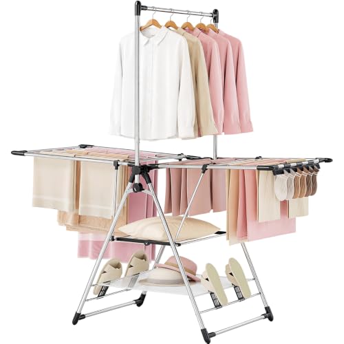 APEXCHASER Clothes Drying Rack with High Hanger, 3-Level Drying Racks - color: Silver, size: 2 Wings