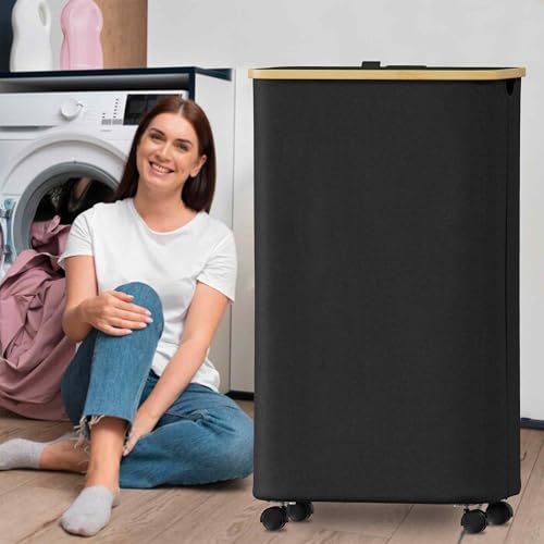 SUOCO Laundry Hamper on Wheels 100L, Clothes Basket with Lid and Bamboo Handles, Foldable Laundry Hamper for Bedroom, Bathroom, Dorm, Laundry Room - Black - color: Black, size: 100L with wheels