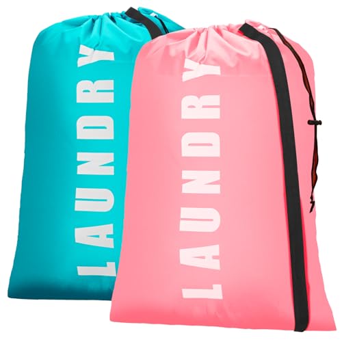 Isink Heavy Duty Laundry Bag with Strap,2 Pack Travel Laundry Bags for Dirty Clothes,24" x 36" Large Laundry Bag for Traveling,Camping,Dorm (Cyan + Pink) - color: Laundry Bags with Strap (Cyan + Pink)