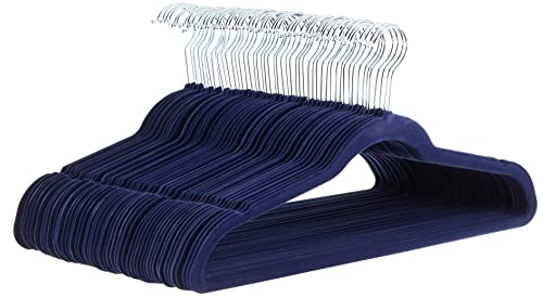 Amazon Basics Slim Velvet Non-Slip Space Saving Suit Clothes Hangers for Closet Organization, Navy Blue/Silver, 50-Pack - color: Navy Blue/Silver, size: Pack of 50