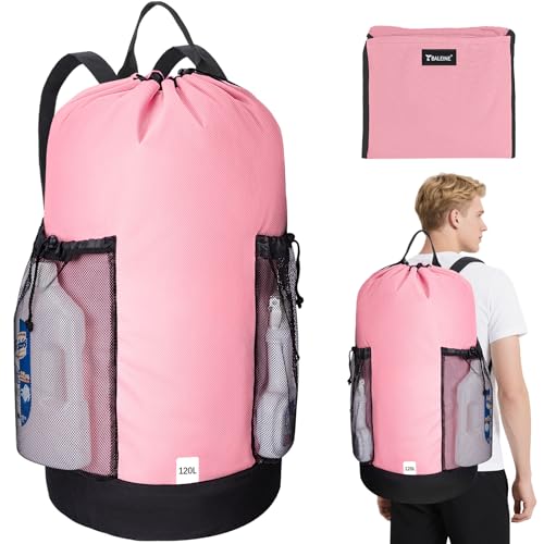 BALEINE 2PK 120L Laundry Bag Backpack, 900D Oxford Fabric Large Travel Laundry Bags with Shoulder Straps and 2 Mesh Pockets for College Dorm, Apartment, Laundromat (Pink, 120L) - color: Pink, size: 120L - 2PK