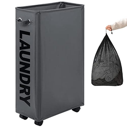 DOKEHOM 70L Enlarged Slim Rolling Laundry Basket Hamper on Wheels, Grey - color: Dark Grey/L, size: 70L/Slim