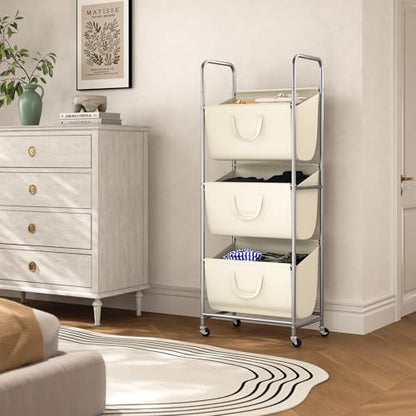 ELYKEN 3-Tier Vertical Rolling Laundry Hamper with Wheels & Removable Bags - color: Creamy