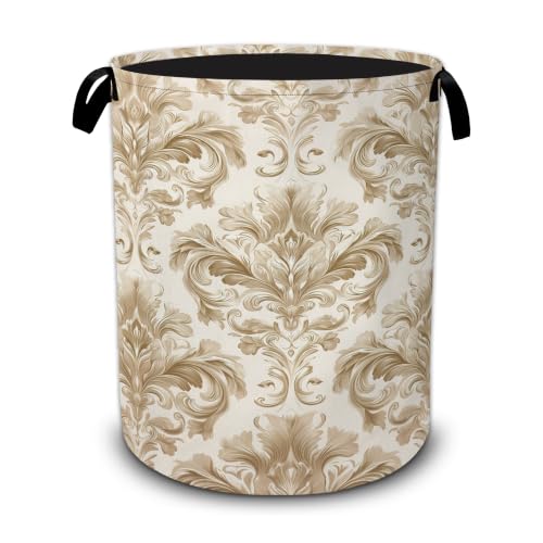 Golden Damask Flower Laundry Basket,Large Collapsible Portable Round Laundry Hamper with Handles,Oxford Storage Bin for Clothes,Blankets,Bedroom,Bathroom - color: Golden Damask Flower