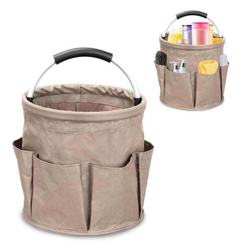 17L Portable Cleaning Bucket Organiser, 6 Pockets Foldable Cleaning Caddy with Handle Wearable Cleaning Caddy Bag for Outdoor Camping Garden Harvest Basket Home Bathroom Storage (Khaki) - color: Khaki