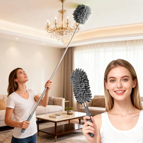 Extendable Microfiber Duster, Telescoping Dusting Brush for Home and Car Cleaning, Adjustable Length, Soft and Flexible - color: Elongated Grey