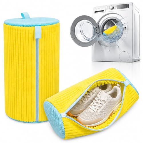 Shoe Washing Machine Bag 2 Pack – 360° Self-Locking Zipper Shoe Washing Bag for Washer and Dryer – Reusable Heavy-Duty Microfiber Cleaning Set for Sneakers, Boots & Athletic Footwear (Yellow)