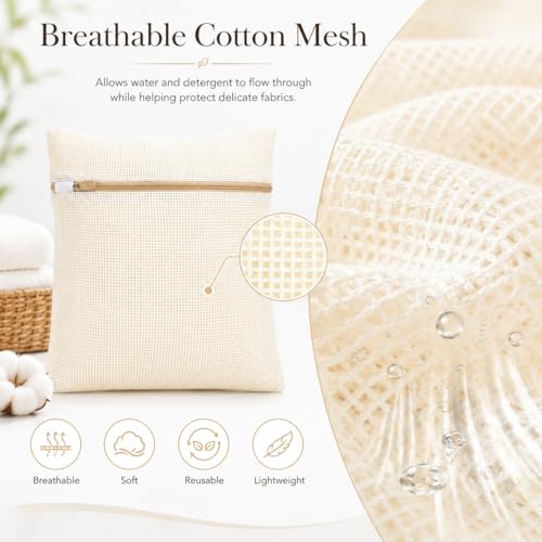 IMIKEYA Mesh Laundry Bags for Delicates, 4 Pack Cotton Zippered Wash Bags in 4 Sizes for Bras, Underwear, Socks, Sweaters, Baby Clothes, Travel and Dorm Organization - color: Beige