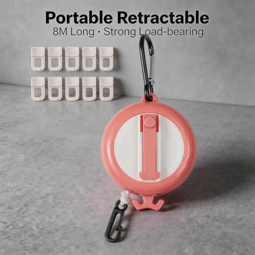Portable Travel Clothesline -26.24 ft Outdoor Retractable Clothesline with 10 Anti-Slip Clips for Camping,Hotel Trips, Cruises, Outdoor,Indoor Use