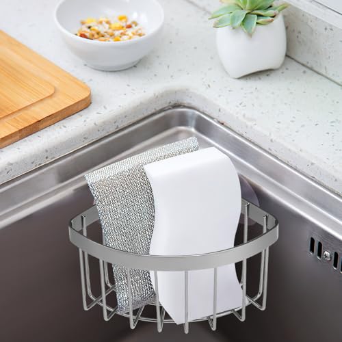 Cabilock Stainless Steel Sponge Holder for Kitchen Sink Suction Cup Corner Sink Caddy Kitchen Organizer for Sponge Scrubber Dishcloth 6.29 X 4.72 X 3.54 in