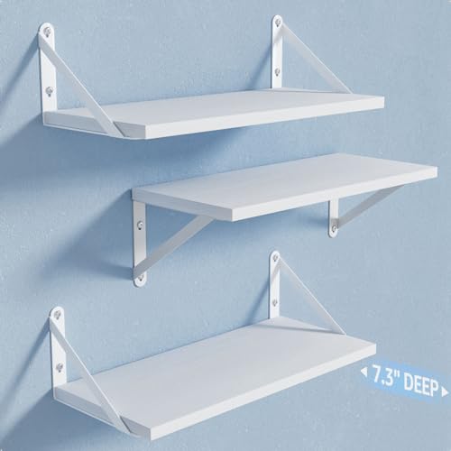 COCOYA Wall Shelves 7.3" Deep Solid Paulownia Wood (White, Set of 3) - color: White, Set of 3