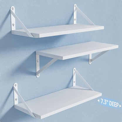 COCOYA Wall Shelves 7.3" Deep Solid Paulownia Wood (White, Set of 3) - color: White, Set of 3