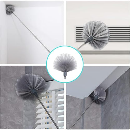 Cobweb Duster with Extension Pole & 3 Clean Head, Medium Stiff Bristles Cobweb Duster Head & 1.8 to 7.2-Feet Scalable Stainless Steel Pole Ceiling Fan Duster for Outdoor Indoor Cleaning