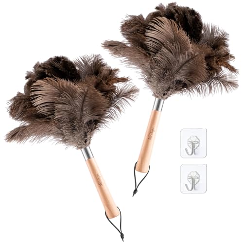 2 Pack Ostrich Feather Dusters for Cleaning with Wooden Handle, 13.5 inch - color: 13.5in-brown