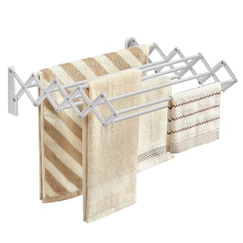 SONGMICS Clothes Drying Rack, Wall-Mounted, 9 Staggered Hanging Rods - color: Cloud White, size: 16.5"W