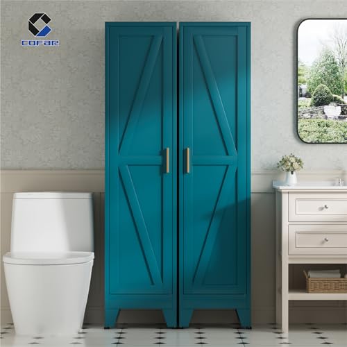 COFaR 67'' Tall Narrow Bathroom Storage Cabinet, Metal Farmhouse Skinny Pantry Cabinet with 4 Adjustable Shelves and One Door, Slim Cabinet Storage for Kitchen Laundry, 5-Tier Peacock Blue - color: Peacock Blue, size: 67'' 1 Door 0 Drawer-Barn Door