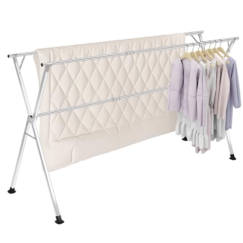 Stainless Steel Clothing Rack, Clothes Drying Rack Foldable, Anti Slip Laundry Clothes Drying Rack with Wheels, Adjustable Length 48.81-78.74(in), Silvery, Suitable for Indoor Balconies - color: Horseshoe Silver Coat Hanger