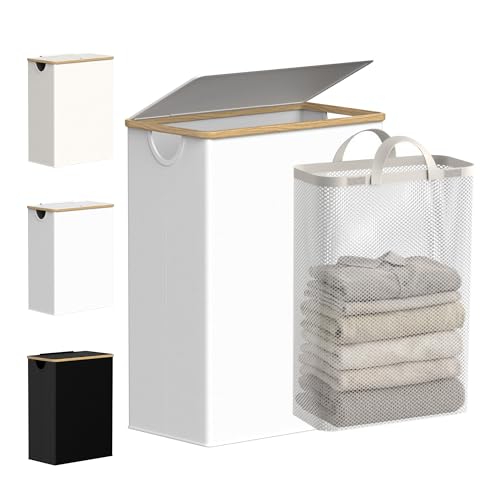 efluky Slim Laundry Basket with Lid, Narrow Laundry Hamper with Removable Bag, Skinny Dirty Clothes Basket with Bamboo Handles for Bathroom, Bedroom & Laundry Room, 65L White - color: White, size: 65L