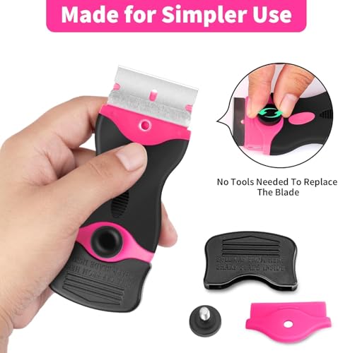 2Pcs Pink Double-Head Razor Scraper Set with 20Pcs Blades (10 Metal+10 Plastic), Multi-Use Cleaning Tool for Glass, Cooktop, Auto Film, Residue Removal