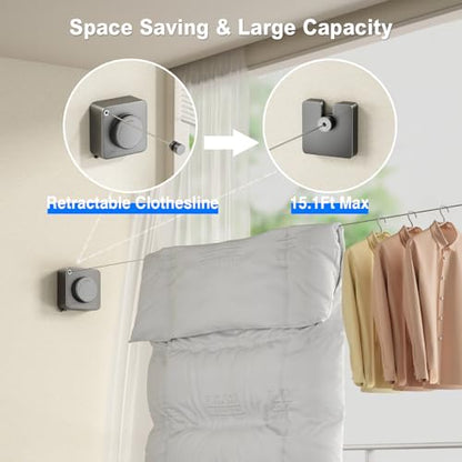 MUSTORN Retractable Clothesline Indoor, Non-Sagging Outdoor Clothes Line Retracting Heavy Duty Clothes Drying Laundry Line Wall Mounted Stainless Steel Line-13.8 Feets(Square-Gray) - color: Gray