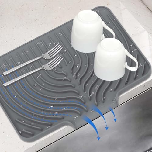 Dish Drying Mat for Kitchen Counter, with Built-in Drain Lip, Food-Grade Silicone, Easy Clean Pad for Countertop Protection, Multi-Functional Use (14.7x10.2, Grey) - color: Gray, style: 14.7x10.2
