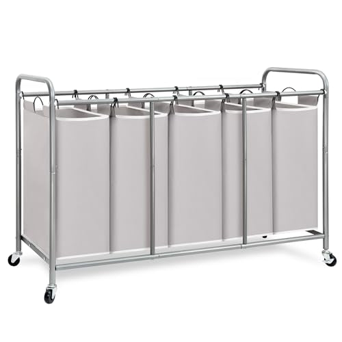 STORAGE MANIAC 5 Section Laundry Sorter, 5 Bins Rolling Separator Laundry Basket, Dirty Clothes Hamper Divider with Heavy Duty Lockable Wheels, Large Clothes Organizer Cart, Gray - color: Gray, size: 5 Section