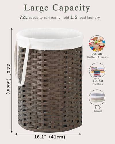 SETVSON Laundry Hamper Laundry Basket Round 19.0Gal (72 L) PE Rattan, Brown - color: Brown, size: 19.0 Gal - 72L