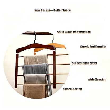 4 Tier Wooden Pants Hanger, Multi Layer Trouser Hanger, Solid Wood, with 360 Swivel Hook, Space Saving Closet Organizer for Jeans, Slacks and Scarves (Vintage)